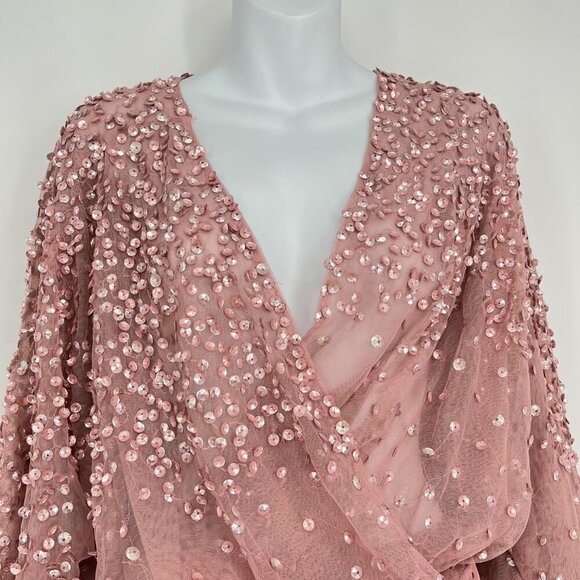 ASOS Pink Sequin Wrap Tall Length Bodysuit NEW Size US8 - Picture 2 of 10